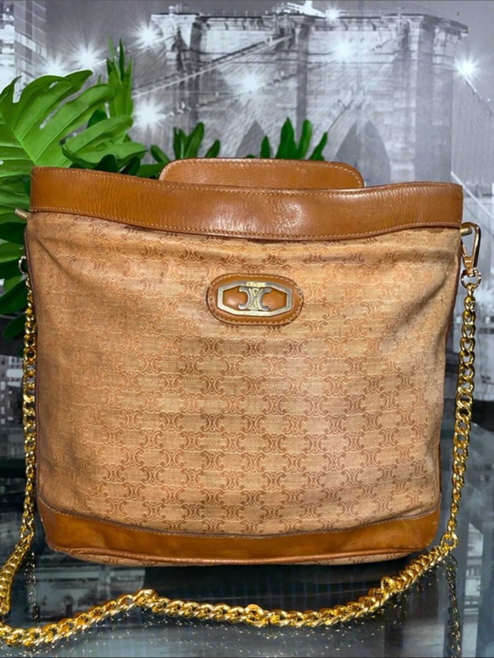 Authentic Vintage Celine Macadam Tan Brown coated Canvas & Leather Shoulder Bag